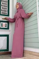 Tesettür giyim PUDRA KOLLARI PİLİSELİ KUŞAKLI TULUM T 7053