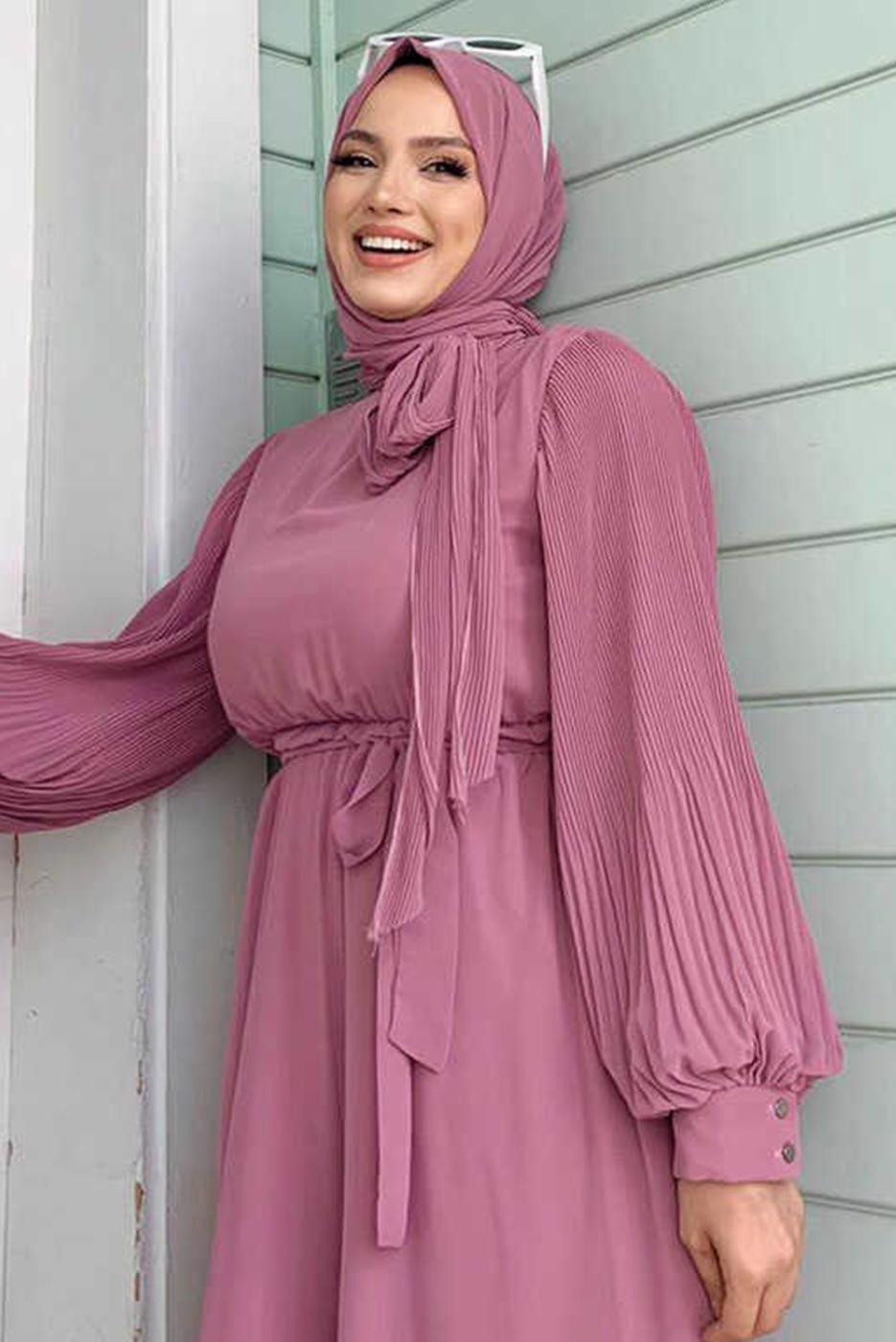 Tesettür giyim PUDRA KOLLARI PİLİSELİ KUŞAKLI TULUM T 7053