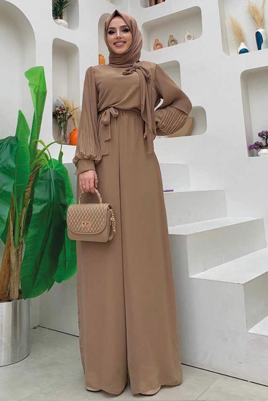 Tesettür giyim VİZON KOLLARI PİLİSELİ KUŞAKLI TULUM T 7053