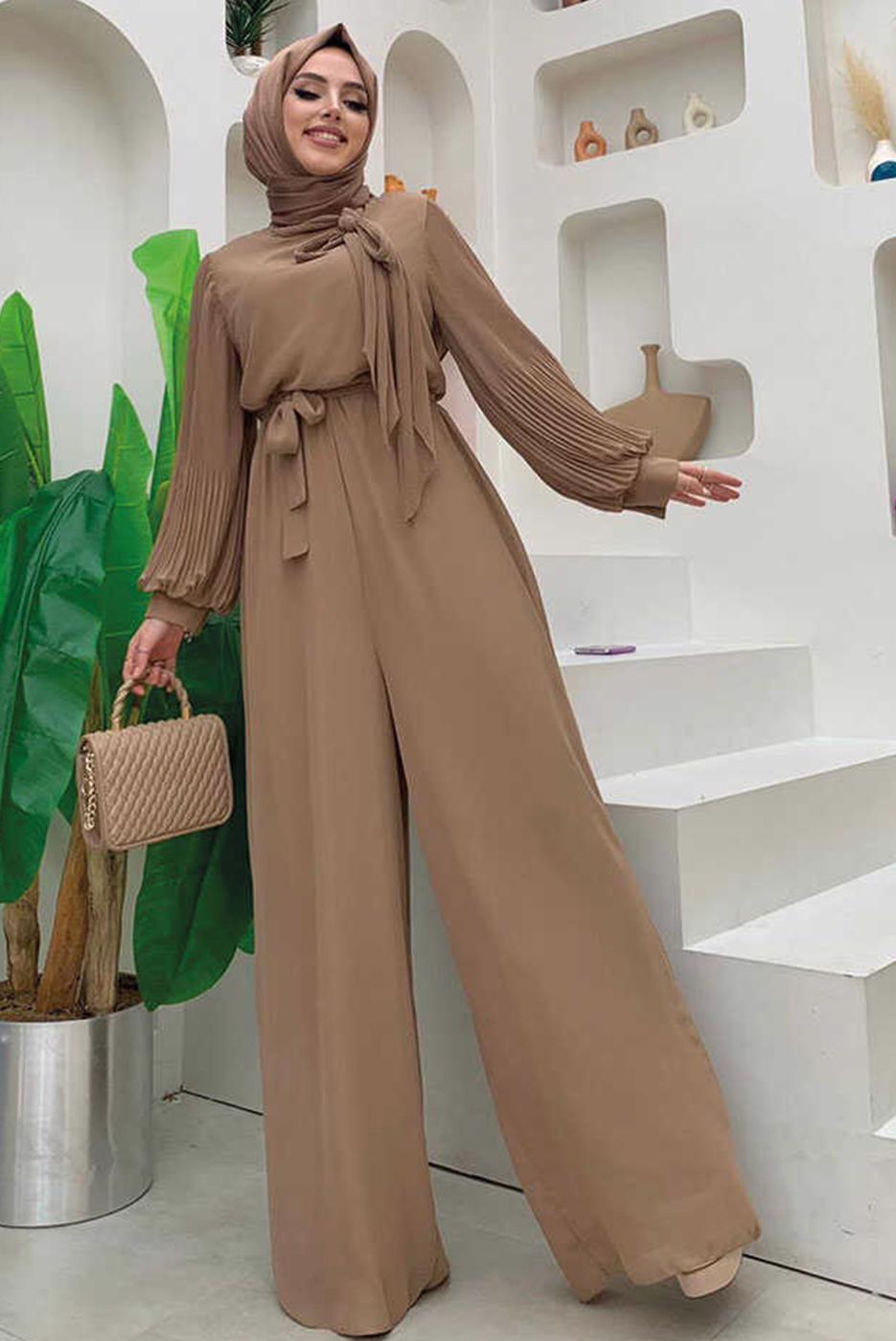 Tesettür giyim VİZON KOLLARI PİLİSELİ KUŞAKLI TULUM T 7053