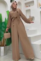 Tesettür giyim VİZON KOLLARI PİLİSELİ KUŞAKLI TULUM T 7053