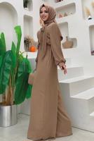 Tesettür giyim VİZON KOLLARI PİLİSELİ KUŞAKLI TULUM T 7053