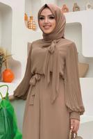 Tesettür giyim VİZON KOLLARI PİLİSELİ KUŞAKLI TULUM T 7053