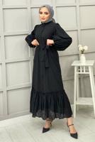 Tesettür giyim SİYAH KABARTMA DESENLİ KUŞAKLI ELBİSE 7151 
