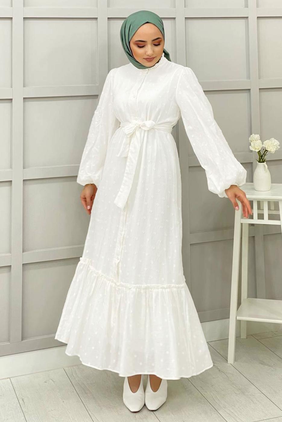 Tesettür giyim BEYAZ KABARTMA DESENLİ KUŞAKLI ELBİSE 7151 