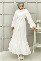 Tesettür giyim BEYAZ KABARTMA DESENLİ KUŞAKLI ELBİSE 7151 