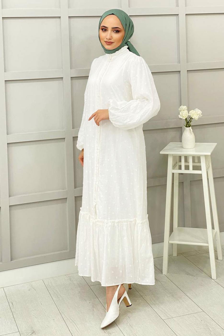 Tesettür giyim BEYAZ KABARTMA DESENLİ KUŞAKLI ELBİSE 7151 