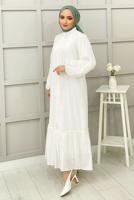 Tesettür giyim BEYAZ KABARTMA DESENLİ KUŞAKLI ELBİSE 7151 