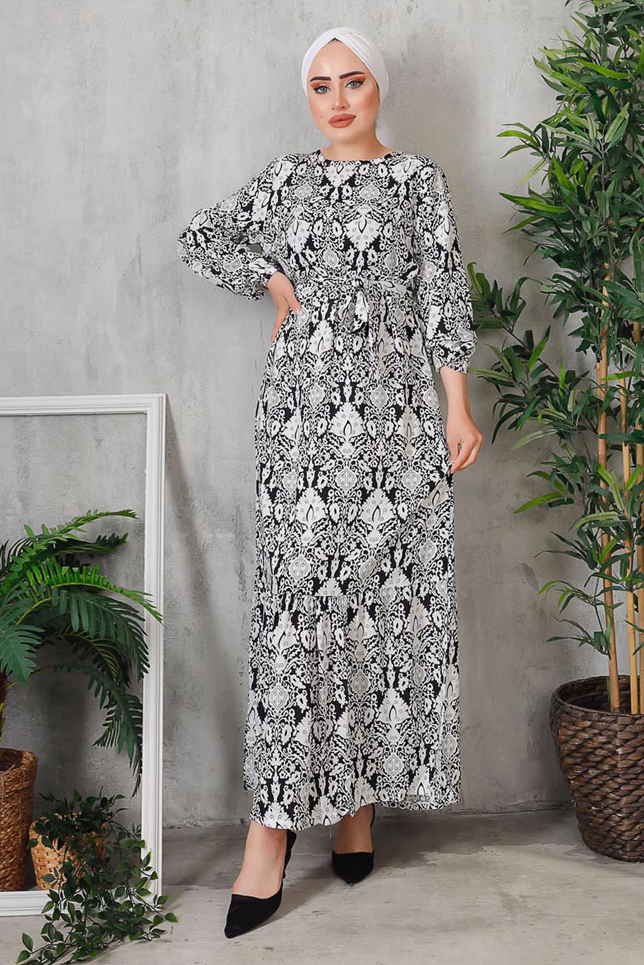 Tesettür giyim SİYAH ÇİÇEK DESENLİ KUŞAKLI ELBİSE 7352 