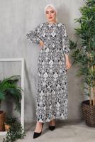 Tesettür giyim SİYAH ÇİÇEK DESENLİ KUŞAKLI ELBİSE 7352 