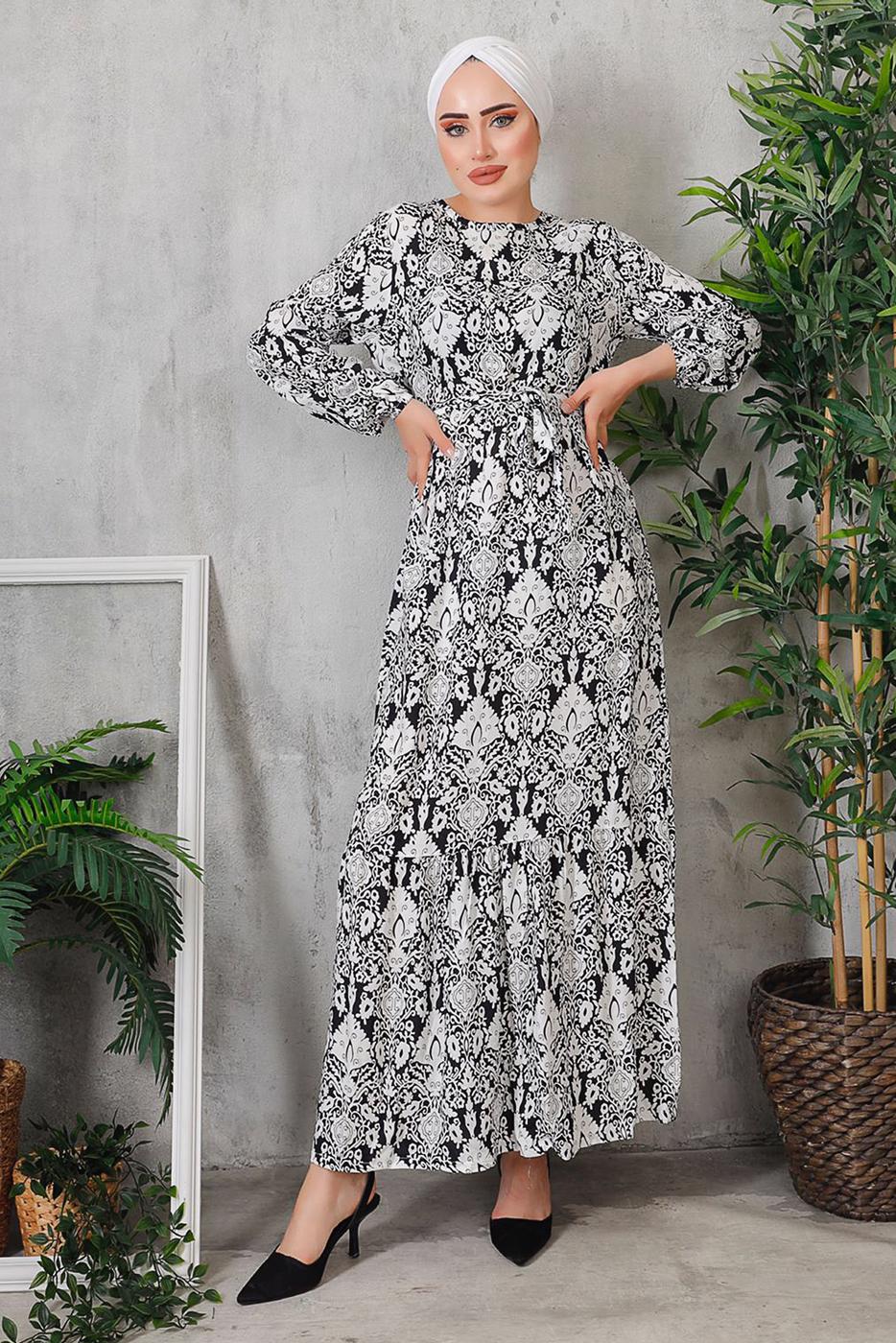 Tesettür giyim SİYAH ÇİÇEK DESENLİ KUŞAKLI ELBİSE 7352 