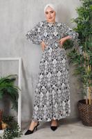 Tesettür giyim SİYAH ÇİÇEK DESENLİ KUŞAKLI ELBİSE 7352 