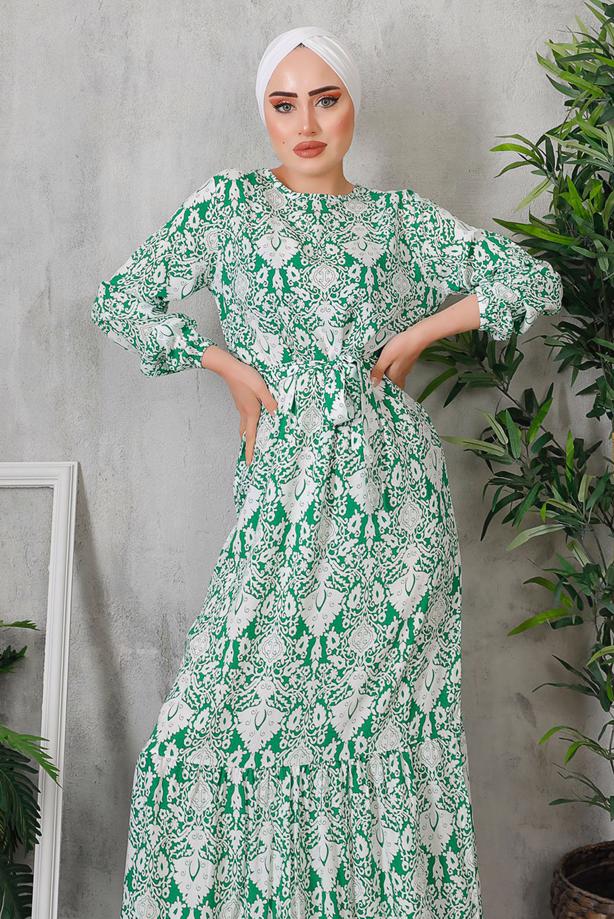 Vêtements hijab  ROBE À FLEURS AVEC CEINTURE 7352 - TRENDTESETTÜR