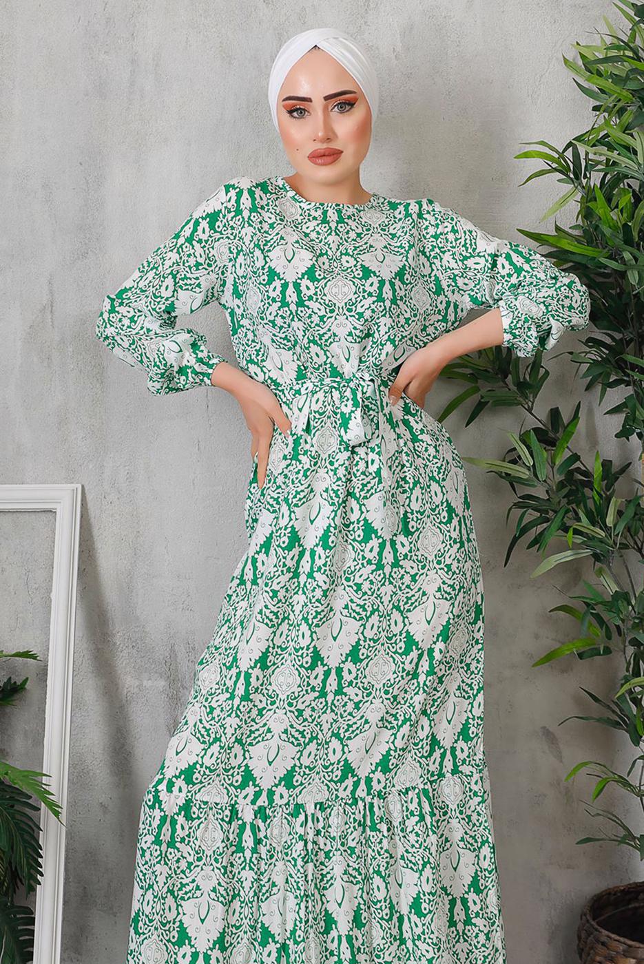 Vêtements hijab VERT ROBE À FLEURS AVEC CEINTURE 7352