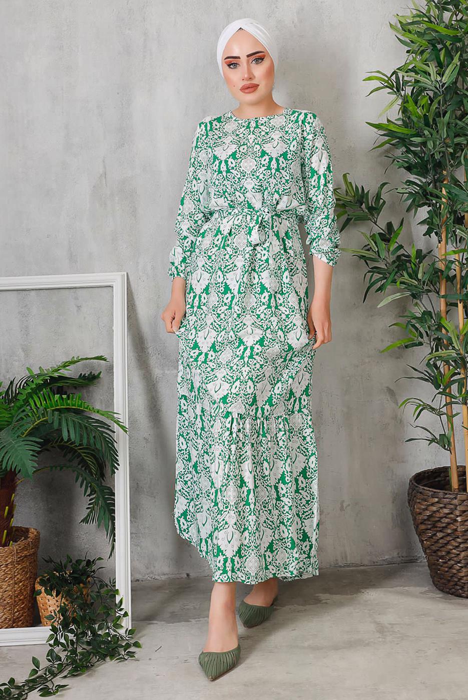 Vêtements hijab VERT ROBE À FLEURS AVEC CEINTURE 7352