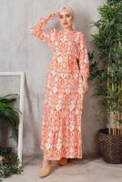 Tesettür giyim TURUNCU ÇİÇEK DESENLİ KUŞAKLI ELBİSE 7352 