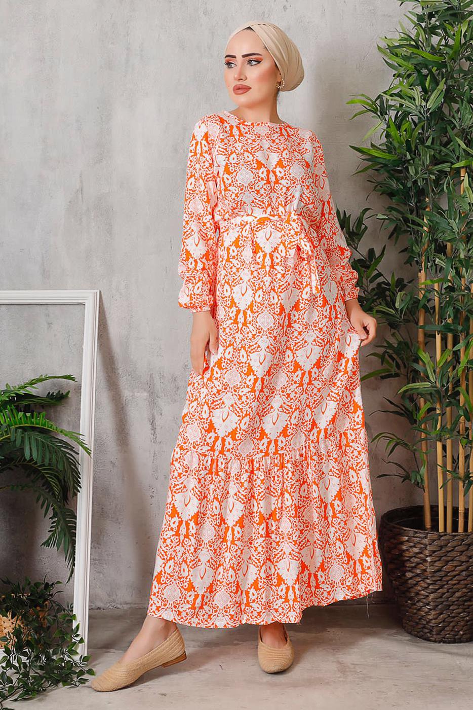 Tesettür giyim TURUNCU ÇİÇEK DESENLİ KUŞAKLI ELBİSE 7352 