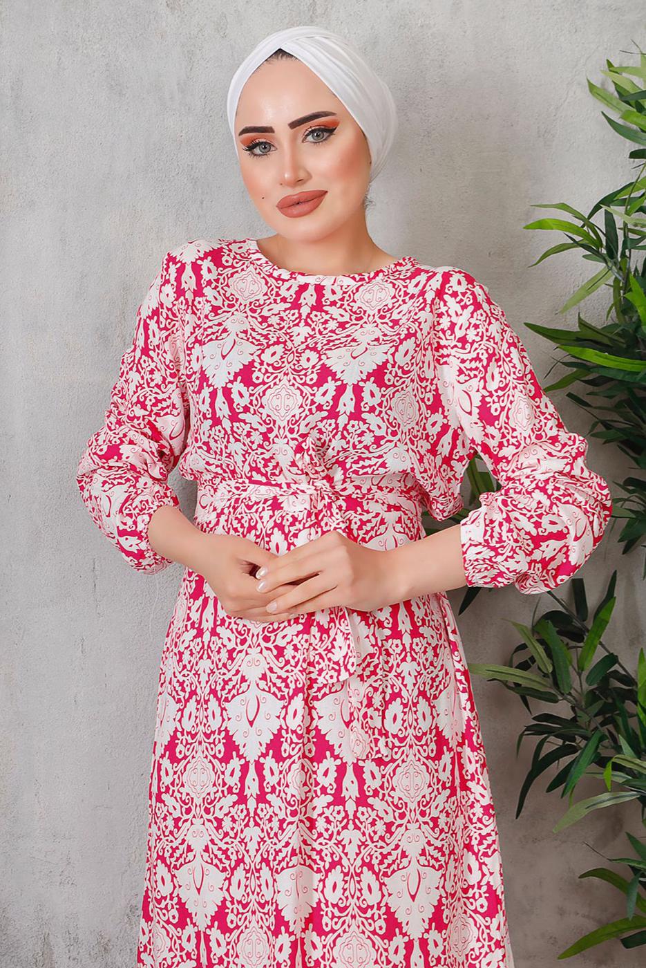 Tesettür giyim FUŞYA ÇİÇEK DESENLİ KUŞAKLI ELBİSE 7352 