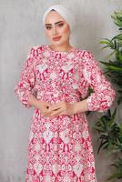 Tesettür giyim FUŞYA ÇİÇEK DESENLİ KUŞAKLI ELBİSE 7352 