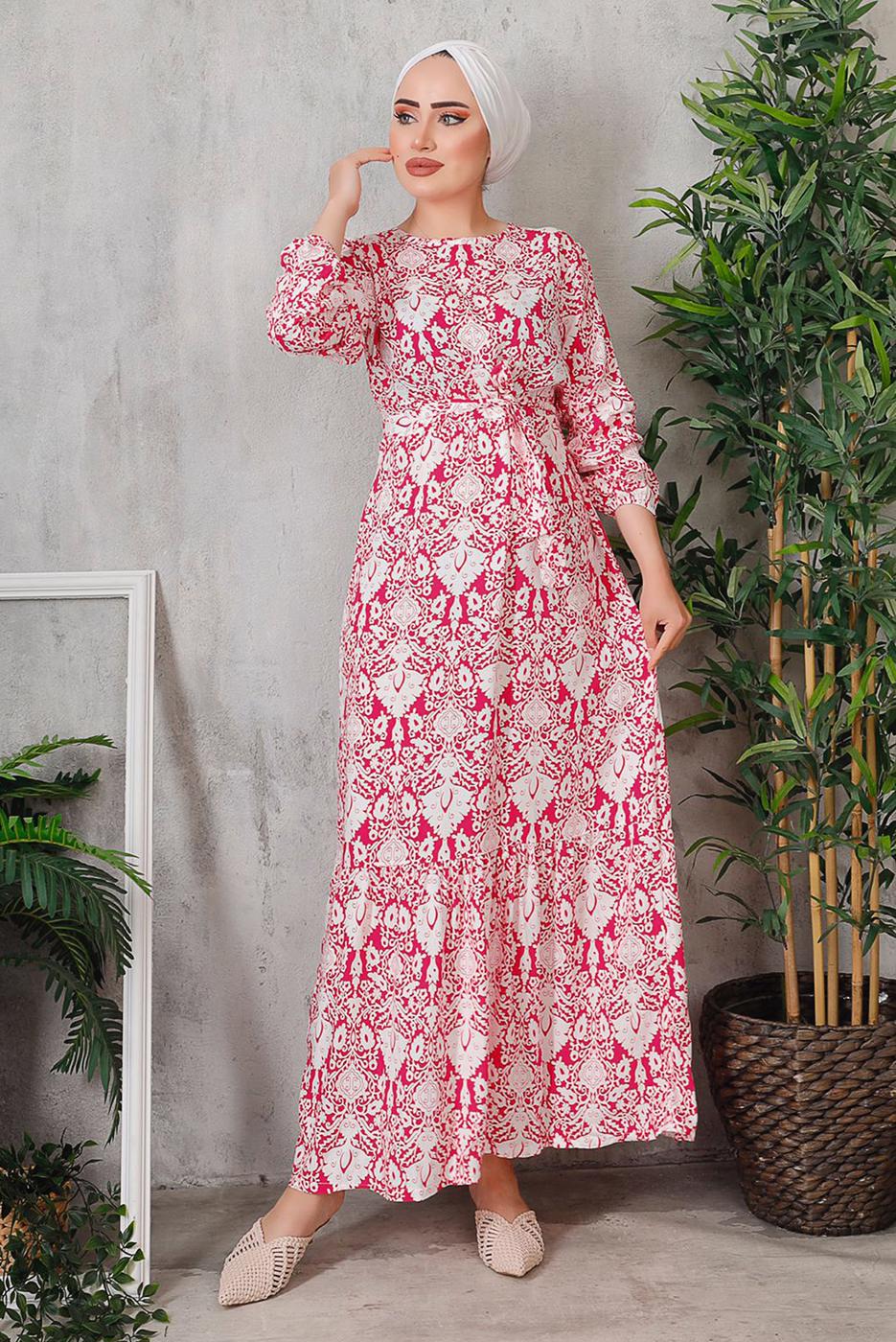 Tesettür giyim FUŞYA ÇİÇEK DESENLİ KUŞAKLI ELBİSE 7352 