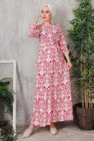 Tesettür giyim FUŞYA ÇİÇEK DESENLİ KUŞAKLI ELBİSE 7352 