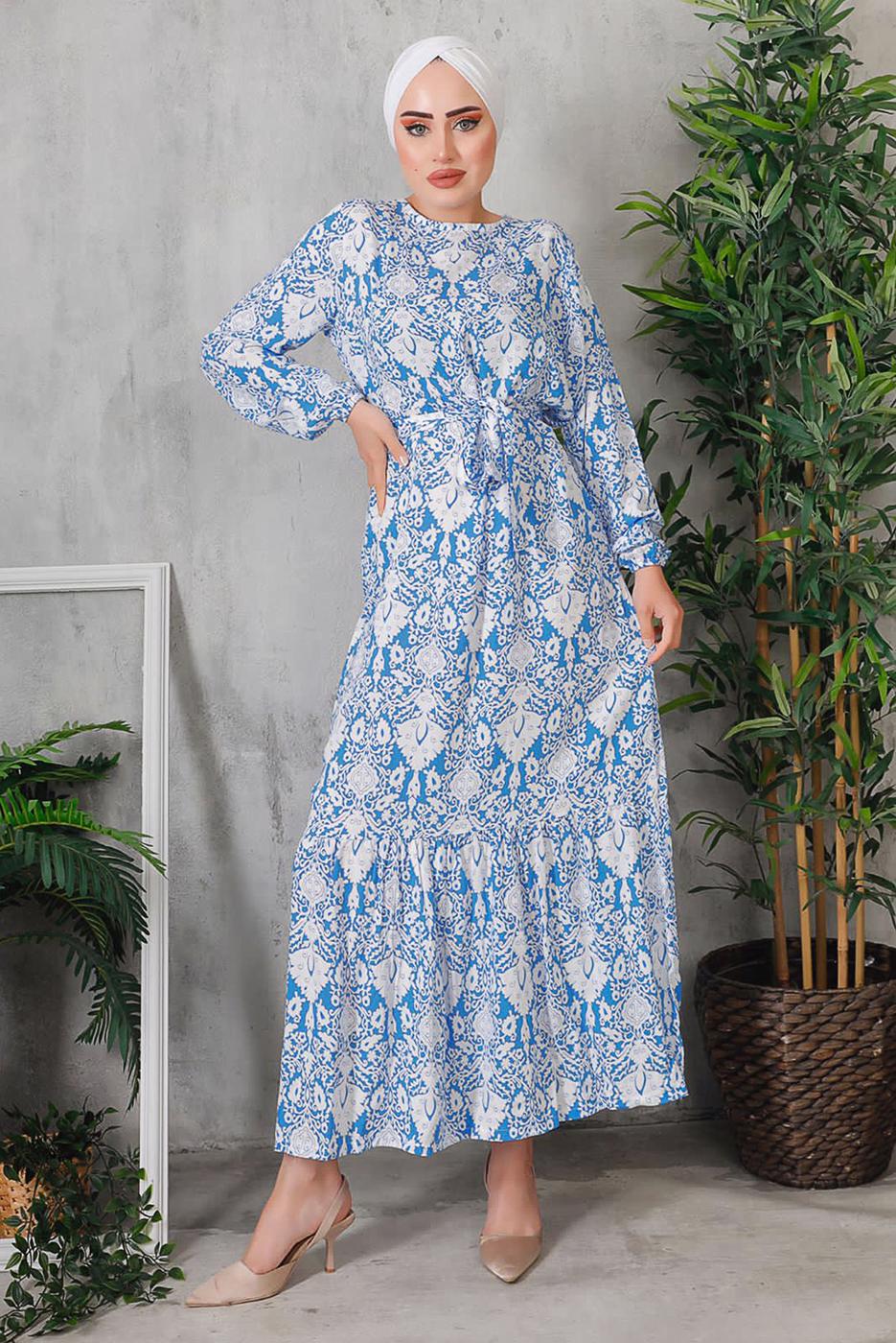 Tesettür giyim LACİVERT ÇİÇEK DESENLİ KUŞAKLI ELBİSE 7352 
