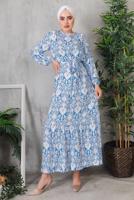 Tesettür giyim LACİVERT ÇİÇEK DESENLİ KUŞAKLI ELBİSE 7352 