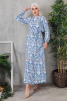 Tesettür giyim LACİVERT ÇİÇEK DESENLİ KUŞAKLI ELBİSE 7352 