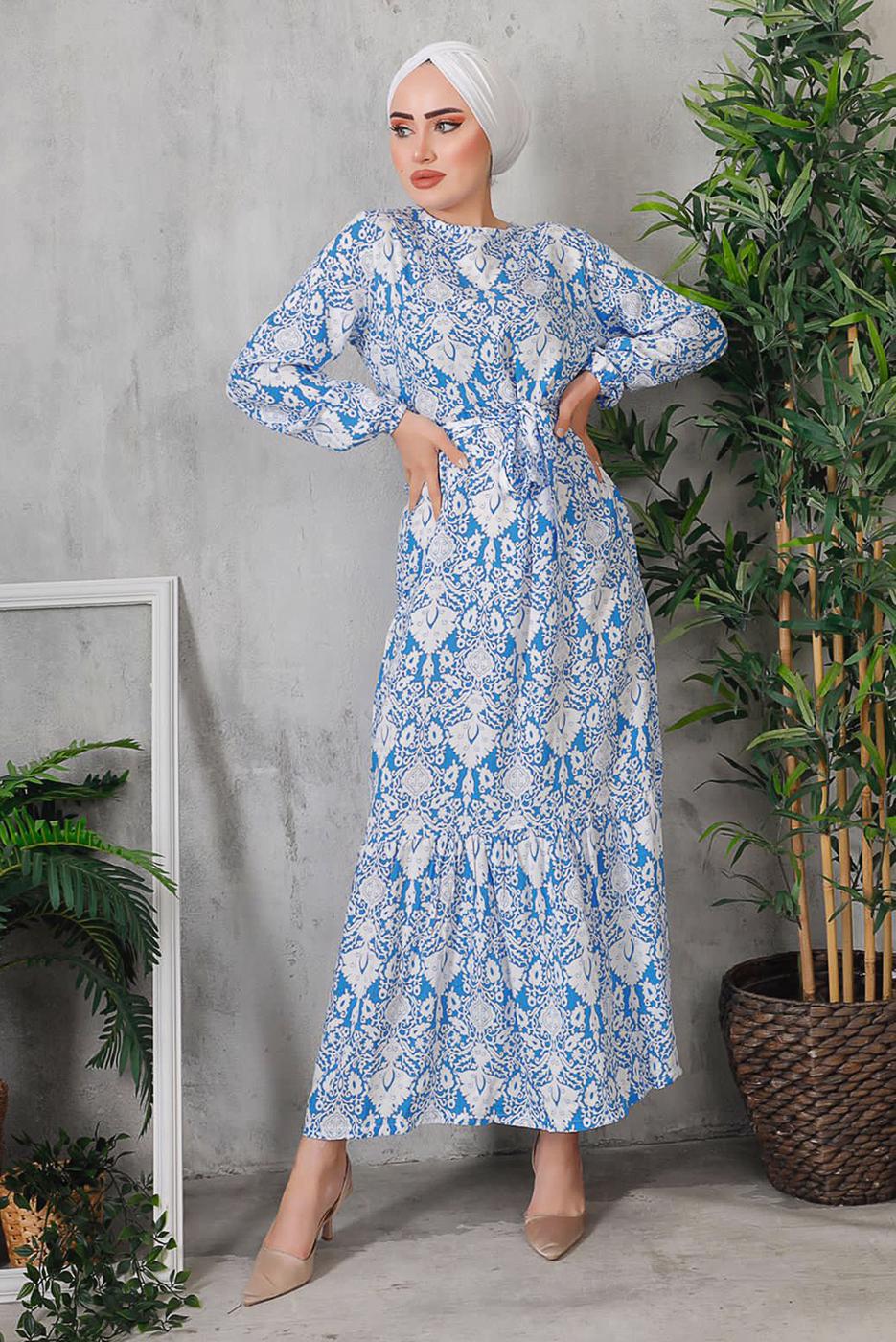 Tesettür giyim LACİVERT ÇİÇEK DESENLİ KUŞAKLI ELBİSE 7352 