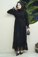 Tesettür giyim SİYAH KOLLARI LASTİKLİ KAZAYAĞI DESENLİ ELBİSE 7464 