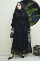 Tesettür giyim SİYAH KOLLARI LASTİKLİ KAZAYAĞI DESENLİ ELBİSE 7464 