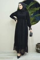 Tesettür giyim SİYAH KOLLARI LASTİKLİ KAZAYAĞI DESENLİ ELBİSE 7464 