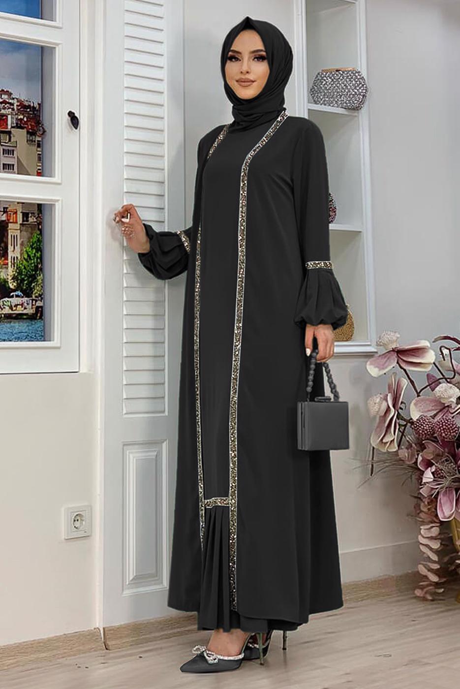 Tesettür giyim SİYAH TAŞLI ŞERİT DETAYLI ELBİSELİ TAKIM T 7563
