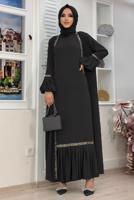 Tesettür giyim SİYAH TAŞLI ŞERİT DETAYLI ELBİSELİ TAKIM T 7563