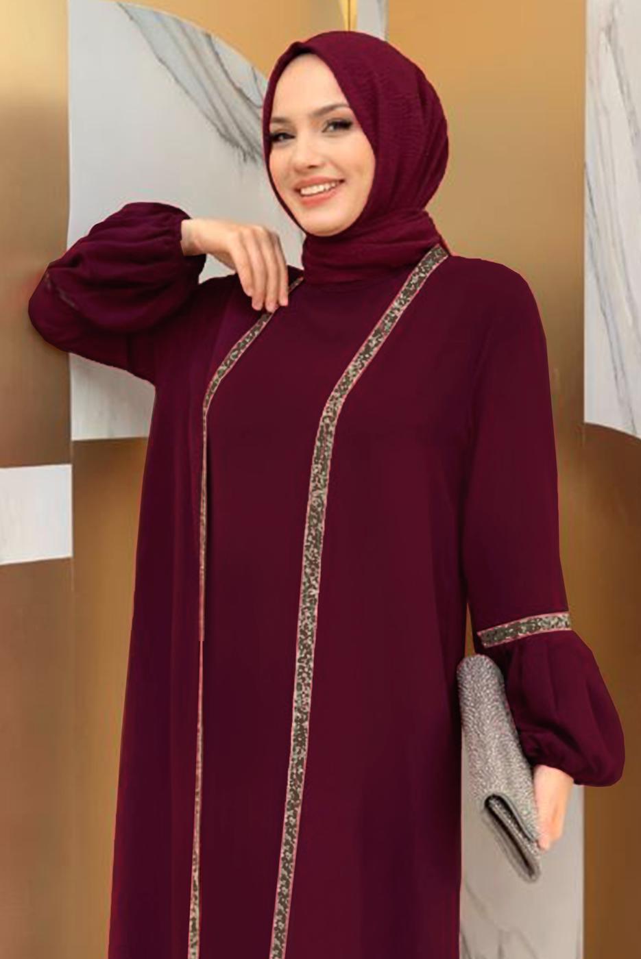 Tesettür giyim BORDO TAŞLI ŞERİT DETAYLI ELBİSELİ TAKIM T 7563