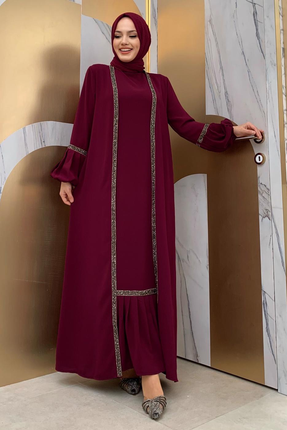Tesettür giyim BORDO TAŞLI ŞERİT DETAYLI ELBİSELİ TAKIM T 7563