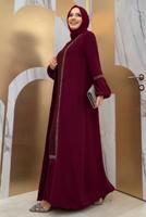 Tesettür giyim BORDO TAŞLI ŞERİT DETAYLI ELBİSELİ TAKIM T 7563