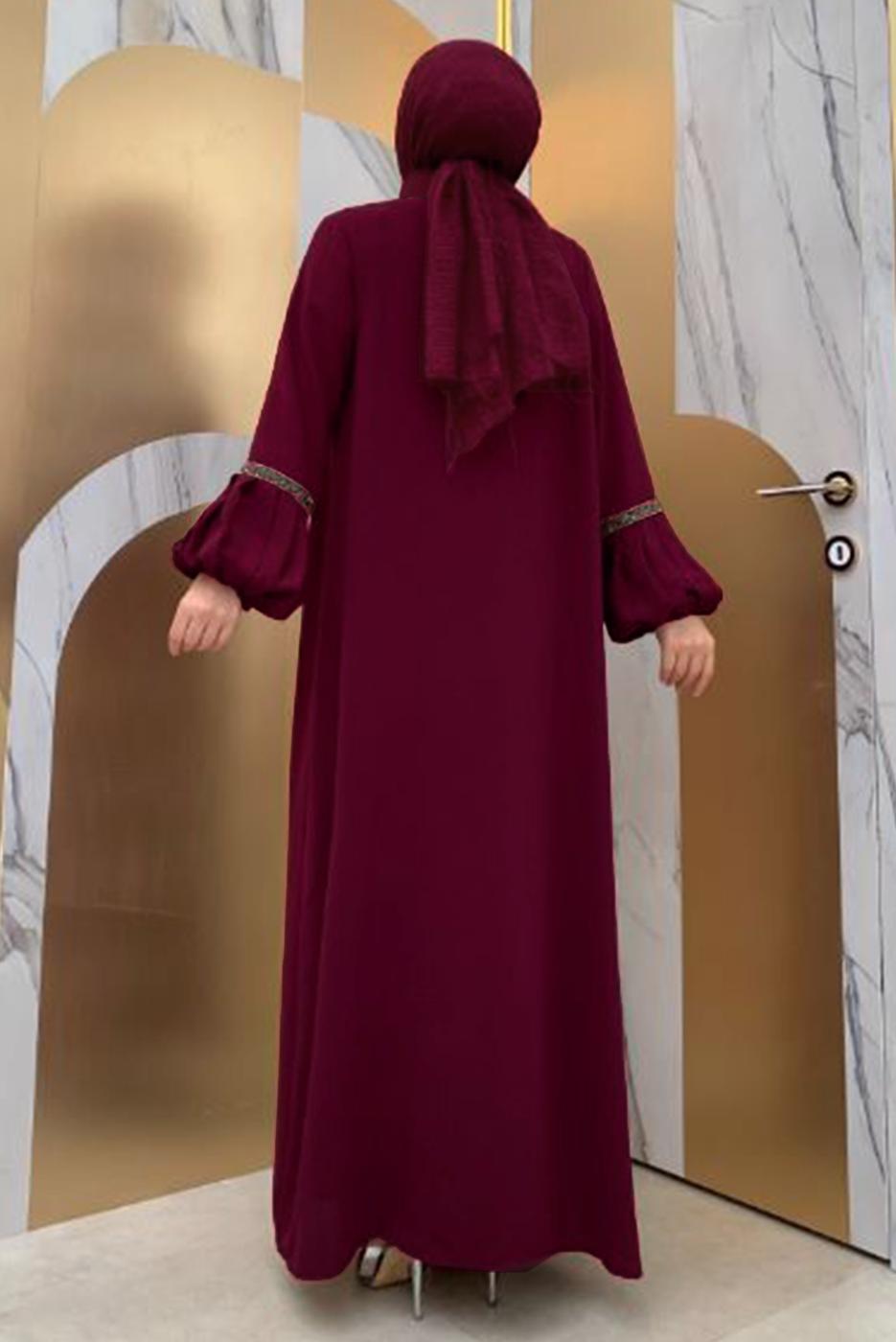 Tesettür giyim BORDO TAŞLI ŞERİT DETAYLI ELBİSELİ TAKIM T 7563