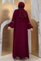 Tesettür giyim BORDO TAŞLI ŞERİT DETAYLI ELBİSELİ TAKIM T 7563
