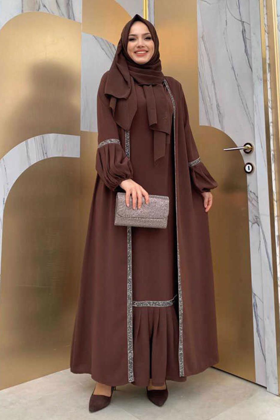 Tesettür giyim KAHVE TAŞLI ŞERİT DETAYLI ELBİSELİ TAKIM T 7563