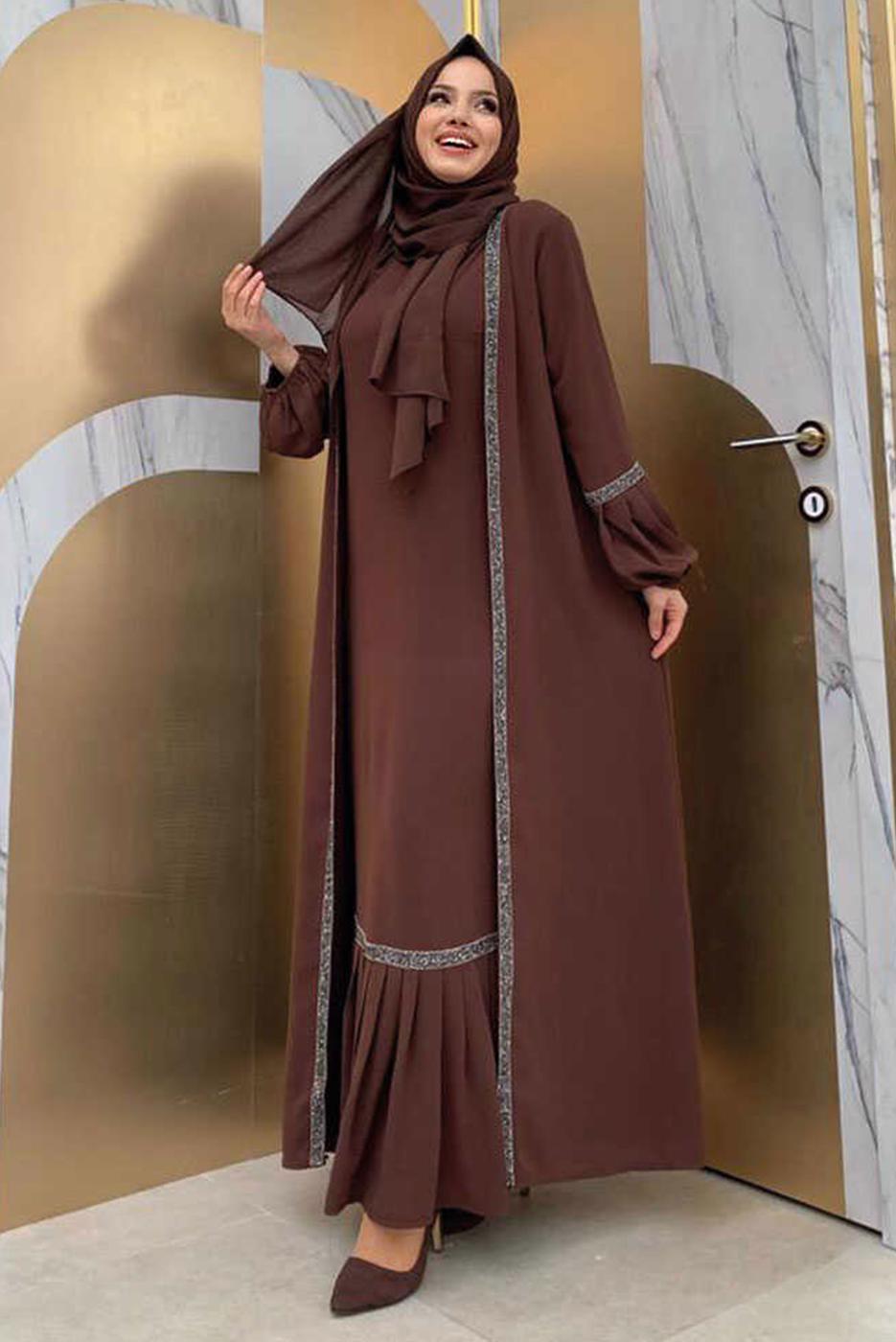 Tesettür giyim KAHVE TAŞLI ŞERİT DETAYLI ELBİSELİ TAKIM T 7563