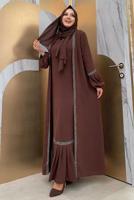 Tesettür giyim KAHVE TAŞLI ŞERİT DETAYLI ELBİSELİ TAKIM T 7563