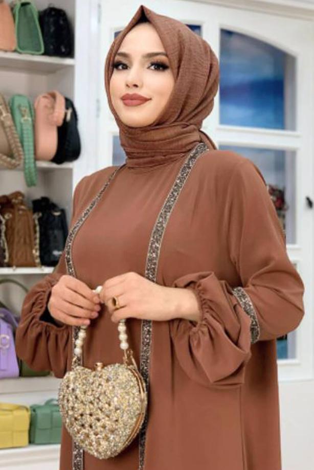 Tesettür giyim  TAŞLI ŞERİT DETAYLI ELBİSELİ TAKIM T 7563 - TRENDTESETTÜR