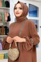 Tesettür giyim KAHVE TAŞLI ŞERİT DETAYLI ELBİSELİ TAKIM T 7563