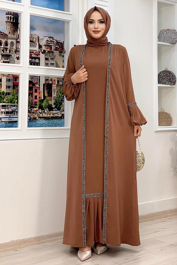 Tesettür giyim  TAŞLI ŞERİT DETAYLI ELBİSELİ TAKIM T 7563 - TRENDTESETTÜR