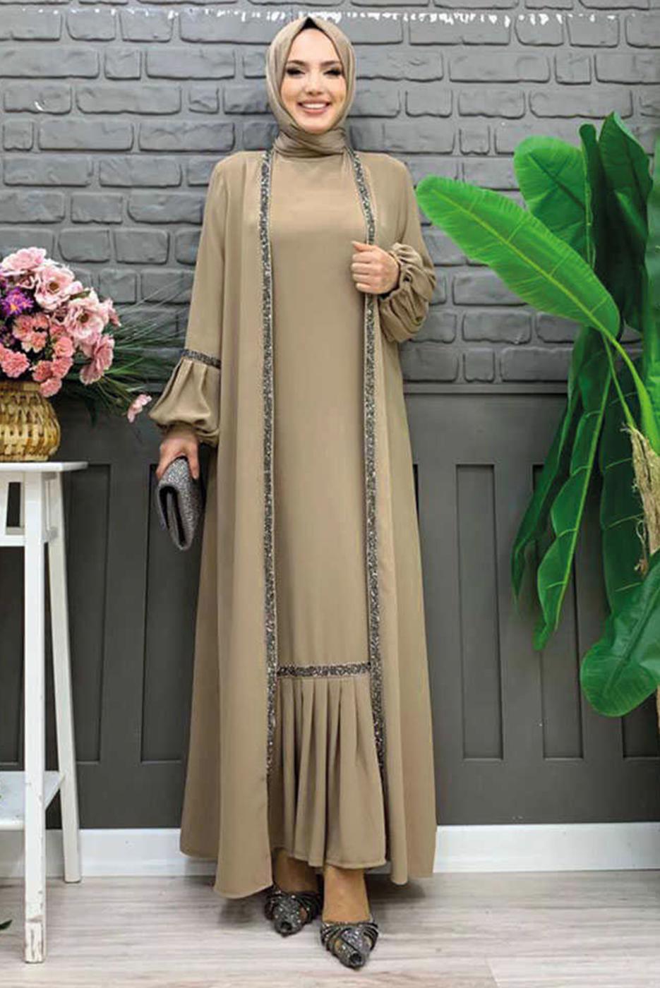 Tesettür giyim VİZON TAŞLI ŞERİT DETAYLI ELBİSELİ TAKIM T 7563