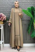 Tesettür giyim VİZON TAŞLI ŞERİT DETAYLI ELBİSELİ TAKIM T 7563