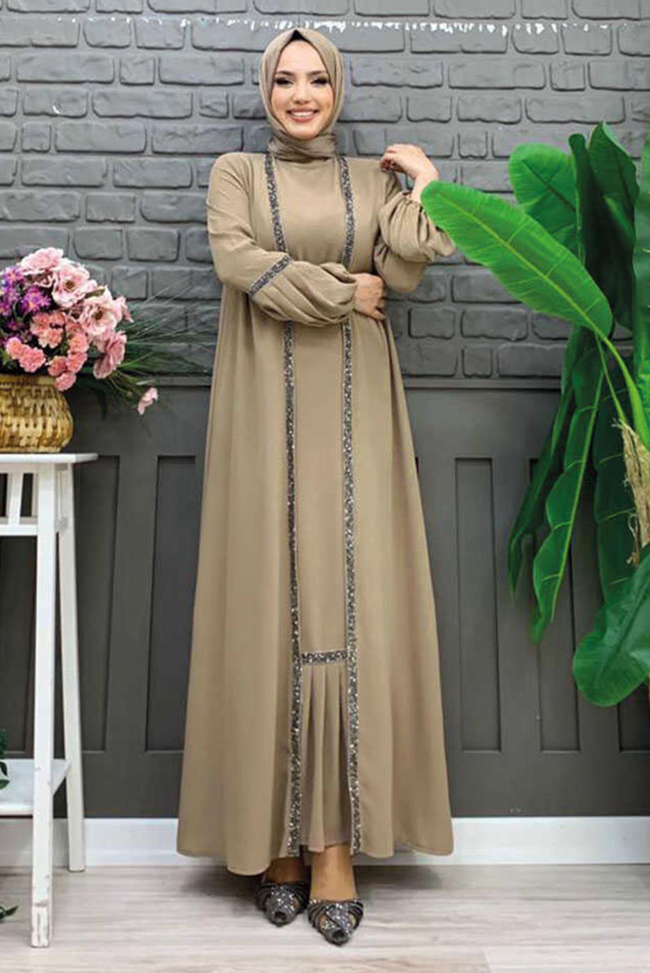 Tesettür giyim VİZON TAŞLI ŞERİT DETAYLI ELBİSELİ TAKIM T 7563