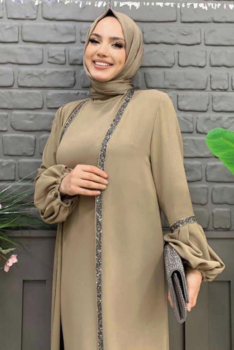 Tesettür giyim VİZON TAŞLI ŞERİT DETAYLI ELBİSELİ TAKIM T 7563