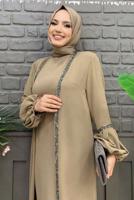Tesettür giyim VİZON TAŞLI ŞERİT DETAYLI ELBİSELİ TAKIM T 7563